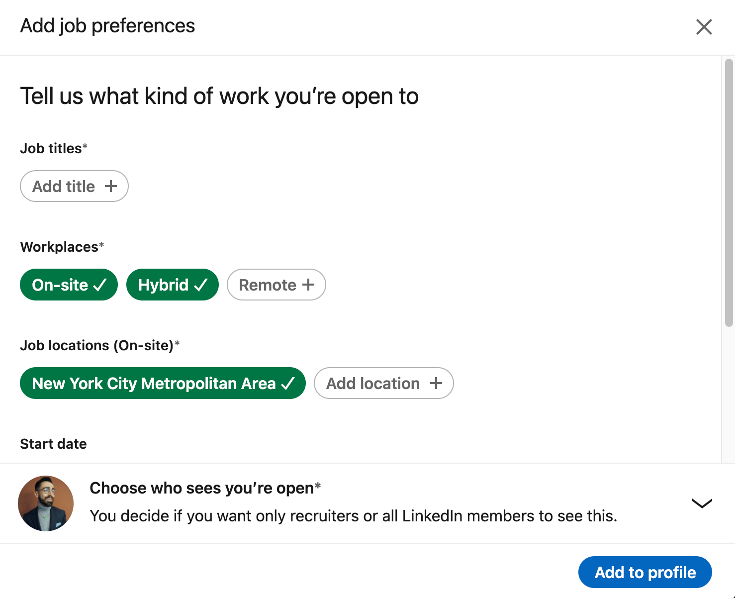 LinkedIn open to work setting